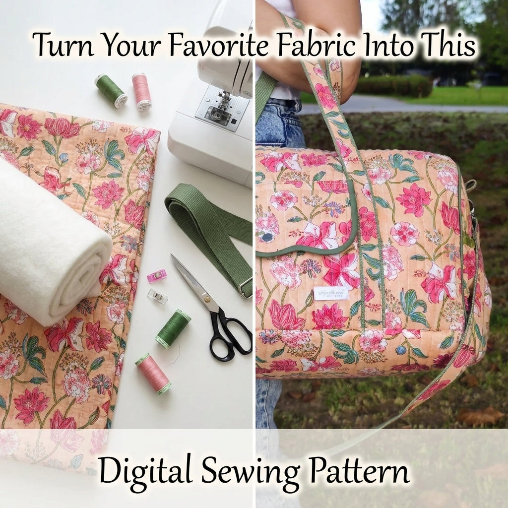 Quilted Duffle Bag Sewing Pattern — Weekender with Front Flap Pocket, Video Tutorial, English and French, A0 and A4 PDF
