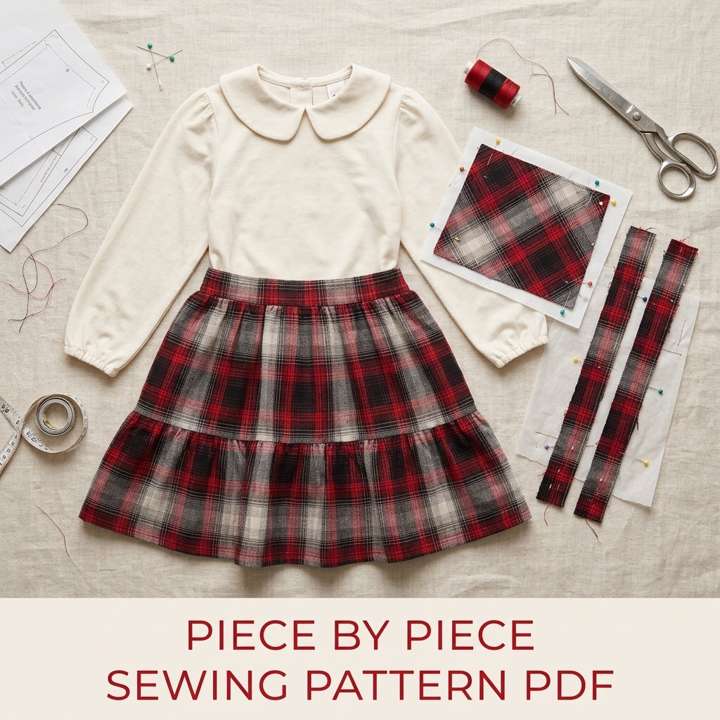 Girls Pinafore Dress Sewing Pattern PDF – Plaid Dungaree Dress with Blouse
