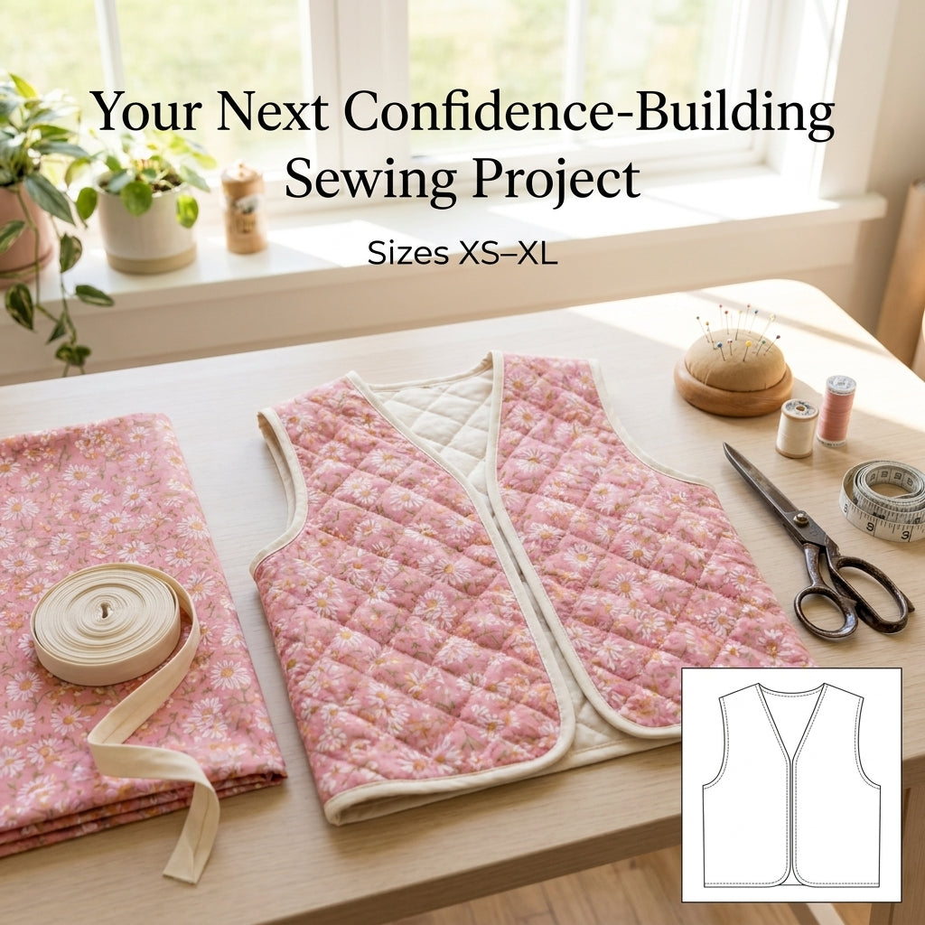 Quilted Vest Sewing Pattern — Reversible Bound-Edge Waistcoat, Sizes XS–3XL, A0 and A4 Layered PDF