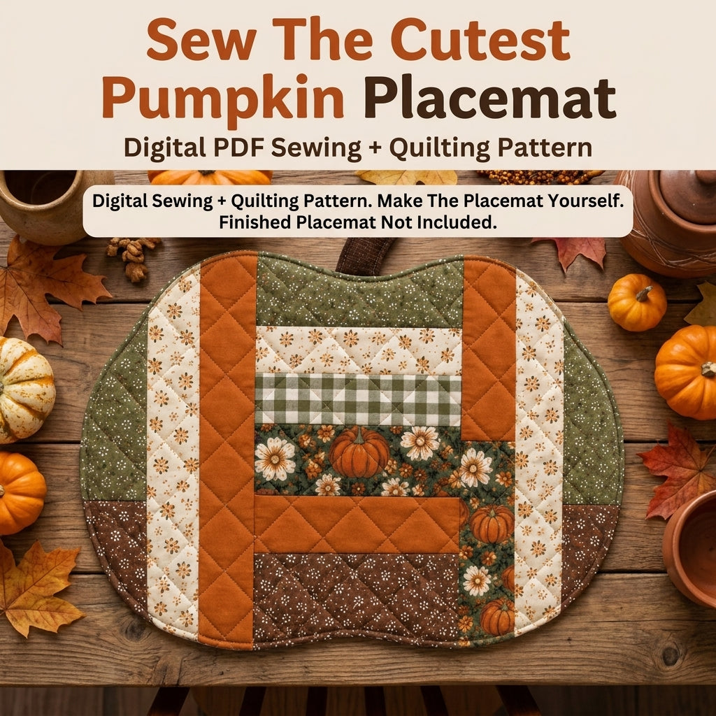 Pumpkin Placemat Pattern — Quilted Log Cabin Placemat in Pumpkin Shape, 2 Sizes, Beginner Friendly, PDF Download