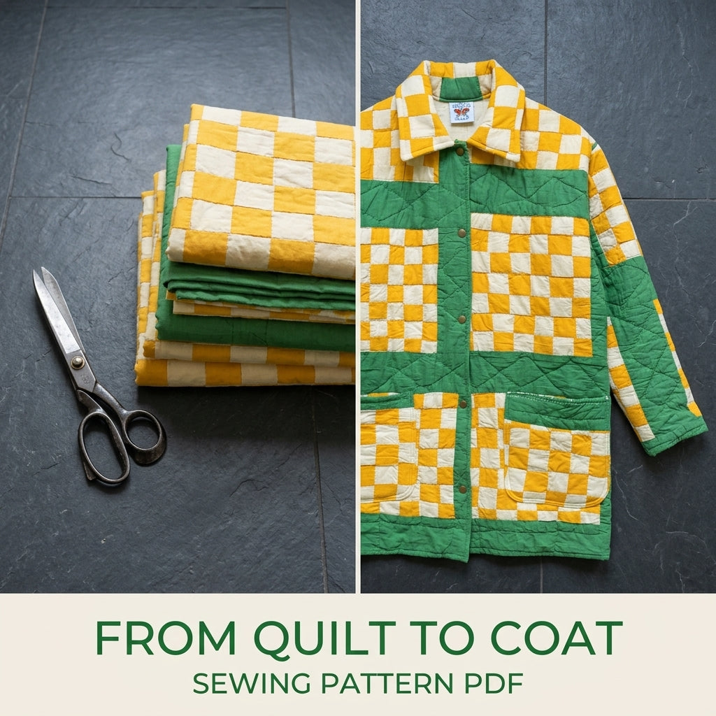 Checkerboard Quilt Chore Coat Sewing Pattern PDF – Long Quilted Coat from a Quilt