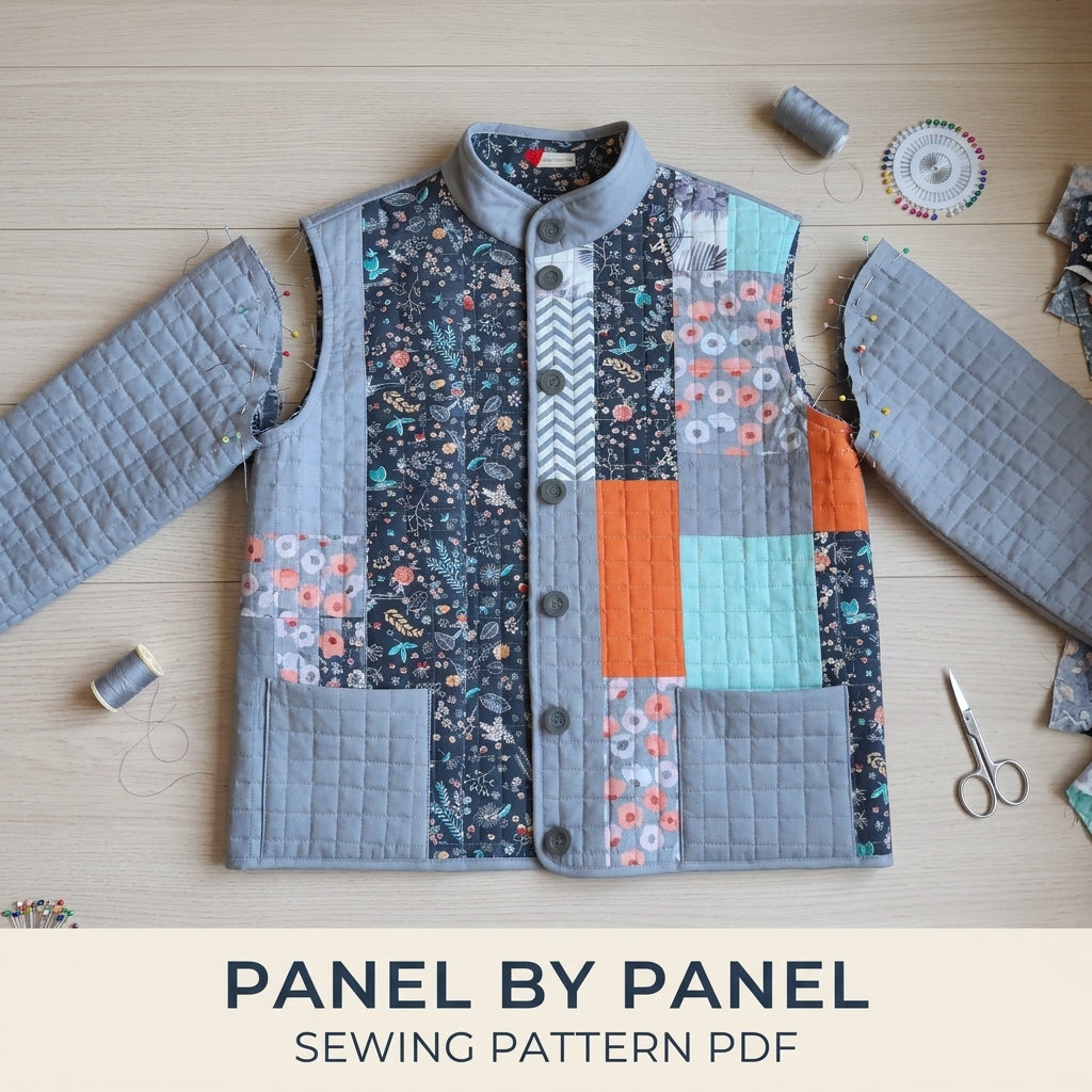 Grey Patchwork Quilted Jacket Sewing Pattern PDF – Modern Quilted Coat