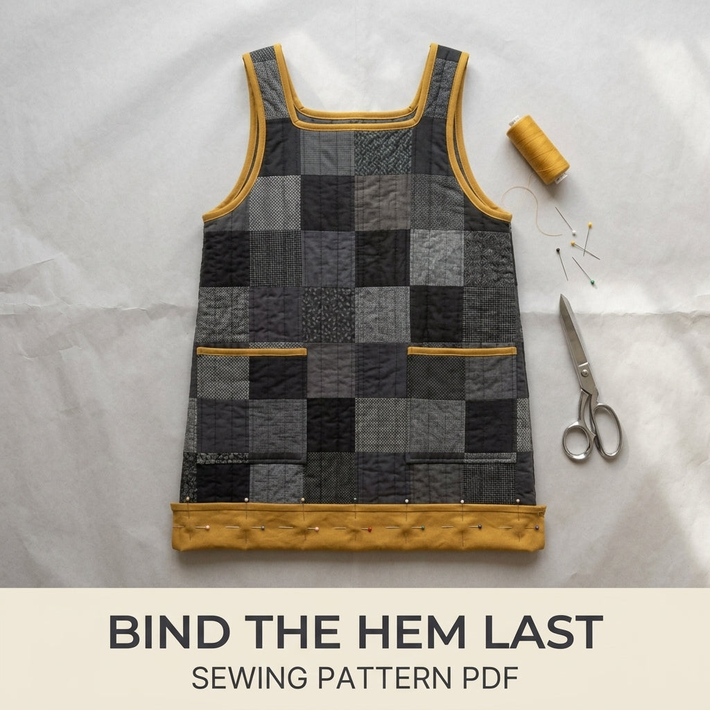 Quilted Pinafore Dress Sewing Pattern PDF – Patchwork Apron Dress with Square Neck and Pockets