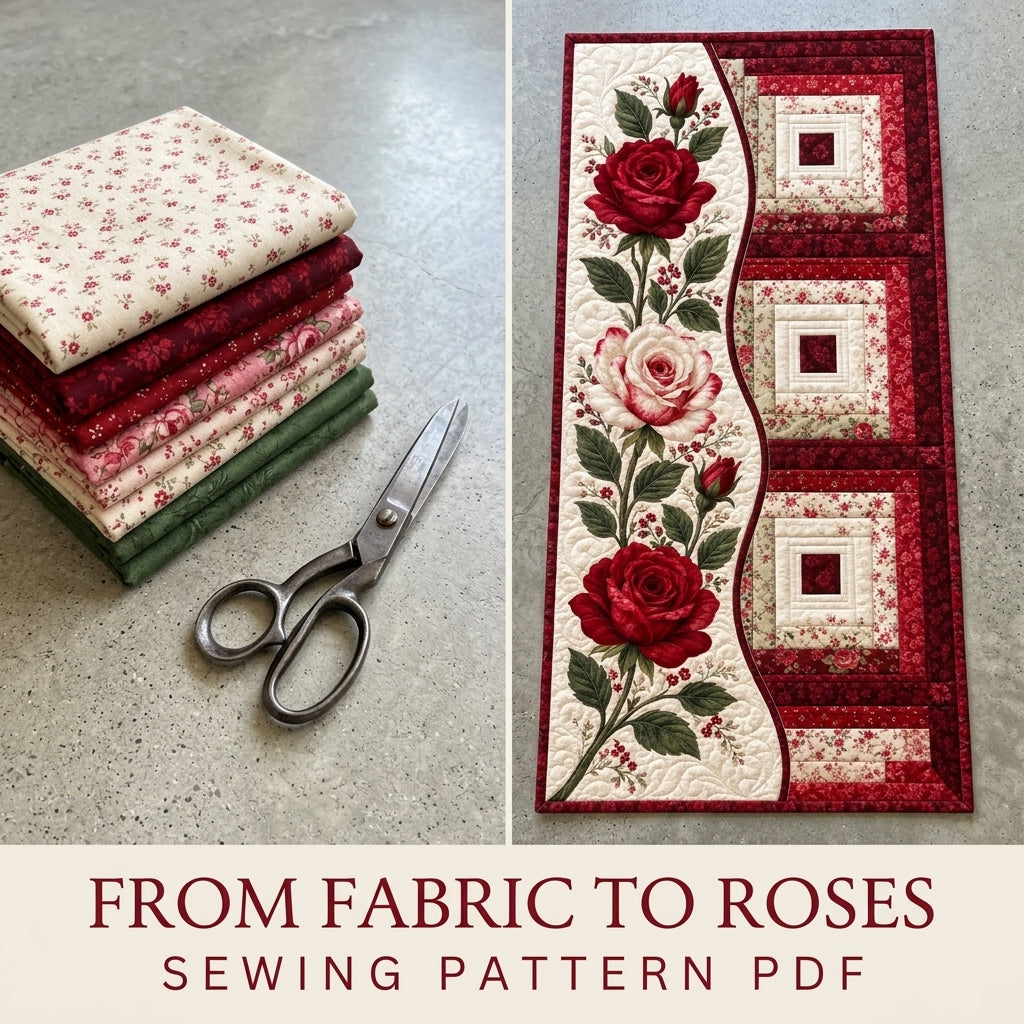 Rose Log Cabin Table Runner Sewing Pattern PDF – Appliqué Rose Quilted Runner