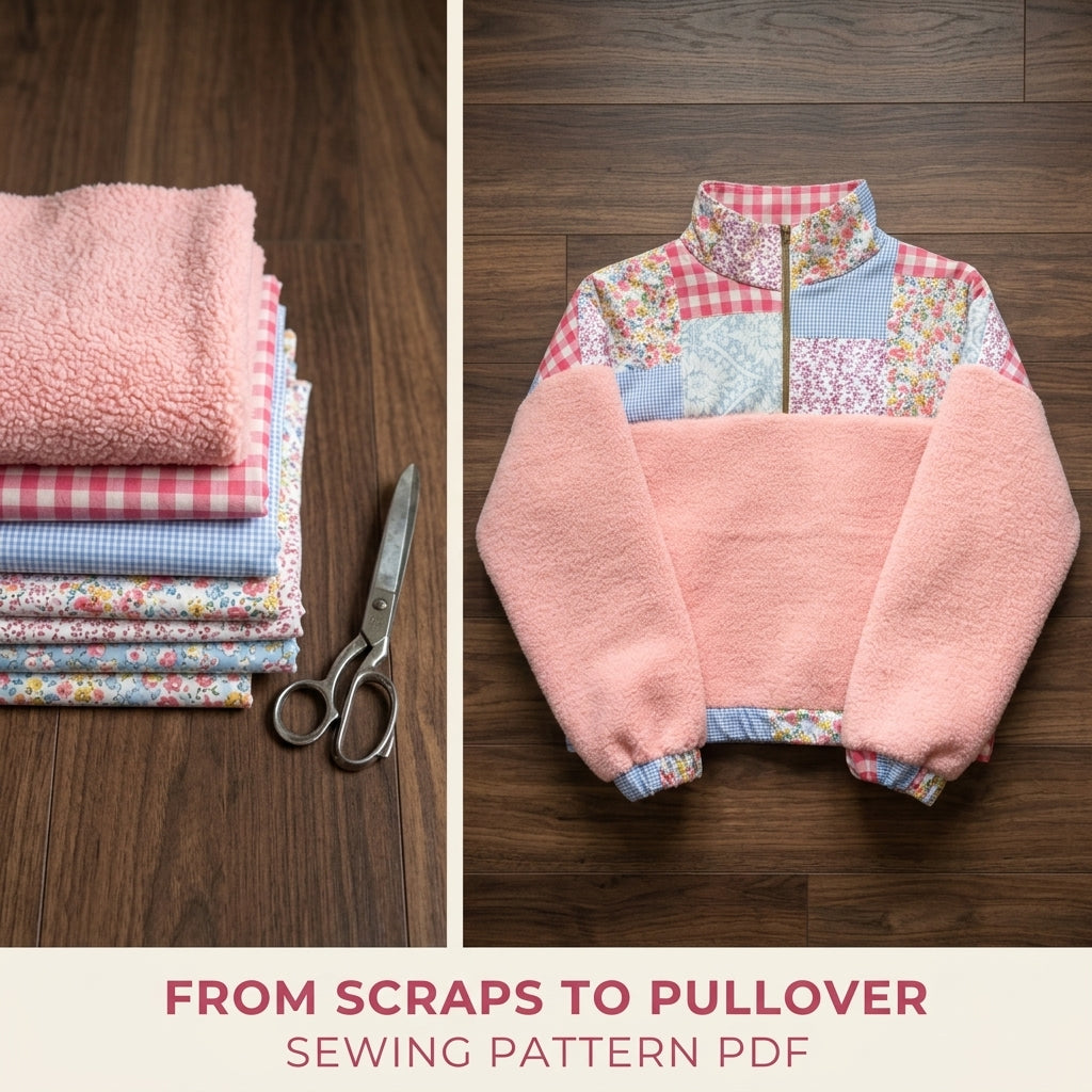 Patchwork Sherpa Half-Zip Pullover Sewing Pattern PDF – Gingham and Floral Yoke Sweater