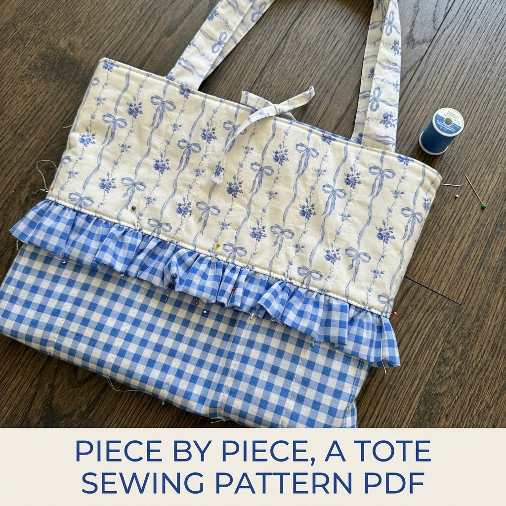 Bow Print Ruffle Tote Sewing Pattern PDF – Blue and White Gingham Bag