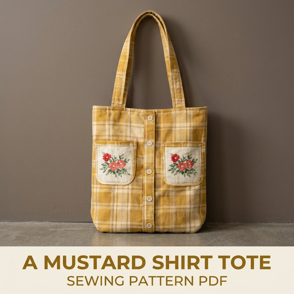 Mustard Shirt Tote Sewing Pattern PDF – Upcycled Shirt Bag with Embroidered Pockets