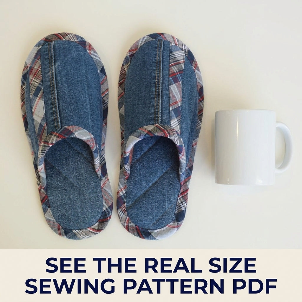 Denim Plaid Slippers Sewing Pattern PDF – Upcycled Jeans House Slippers