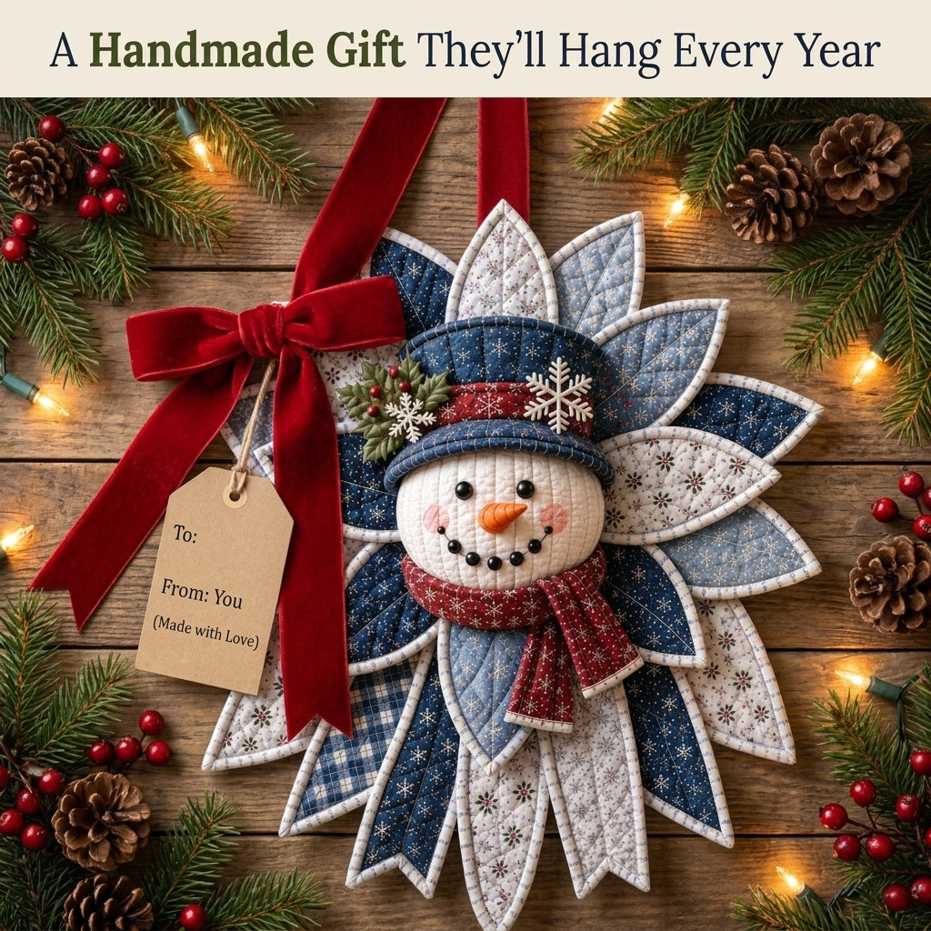 Christmas Door Hanger Sewing Pattern — Folded Fabric Snowman Wreath, No-Quilting Method, PDF Download