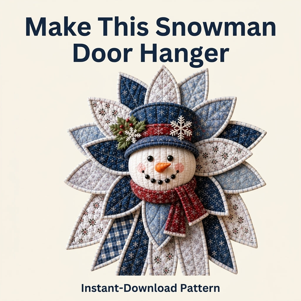 Christmas Door Hanger Sewing Pattern — Folded Fabric Snowman Wreath, No-Quilting Method, PDF Download