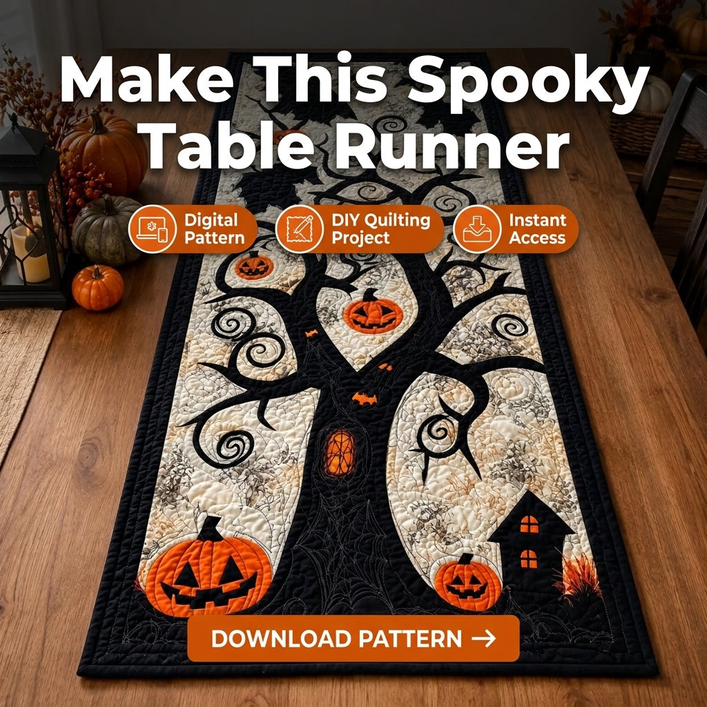 Halloween Table Runner PDF Quilt Pattern | Appliqué Spooky Tree with Jack-O'-Lanterns & Bats | Intermediate Quilting Project | Instant Download