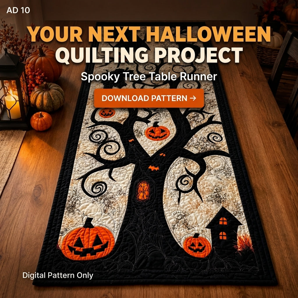 Halloween Table Runner PDF Quilt Pattern | Appliqué Spooky Tree with Jack-O'-Lanterns & Bats | Intermediate Quilting Project | Instant Download