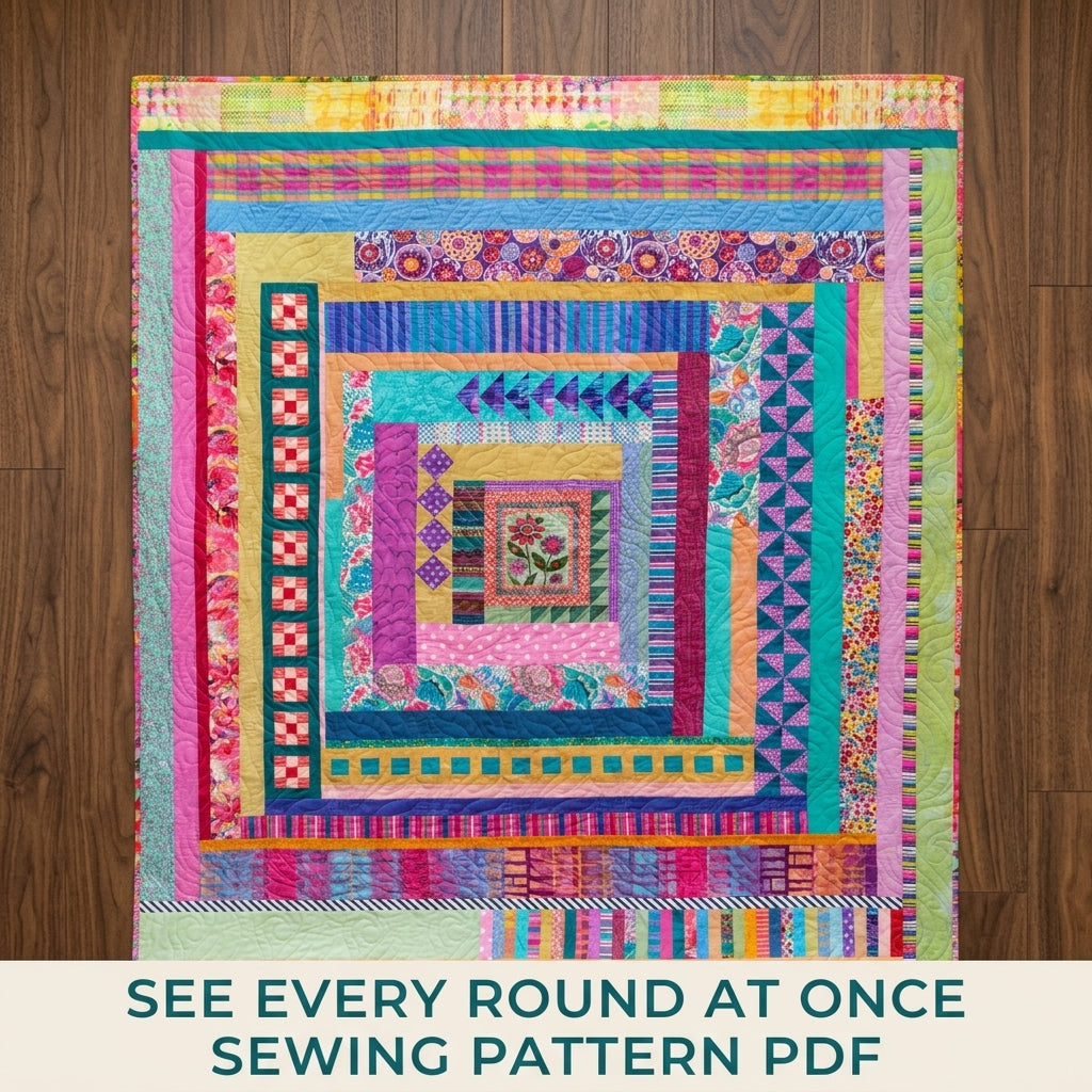 Garden Medallion Strip Quilt Pattern PDF – Improv Medallion Quilt with Pieced Rounds