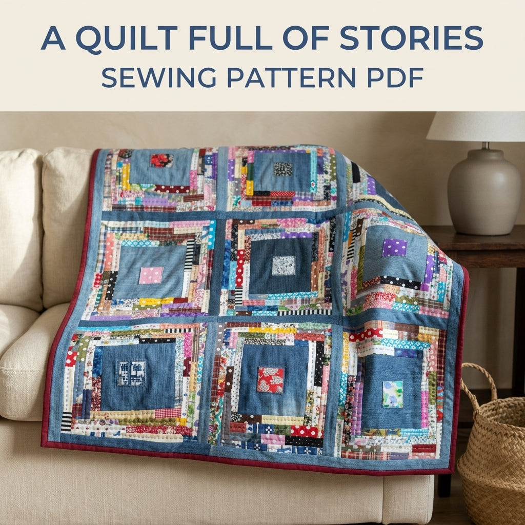 Scrappy Denim Square Quilt Sewing Pattern PDF – Upcycled Jeans Log Cabin Quilt