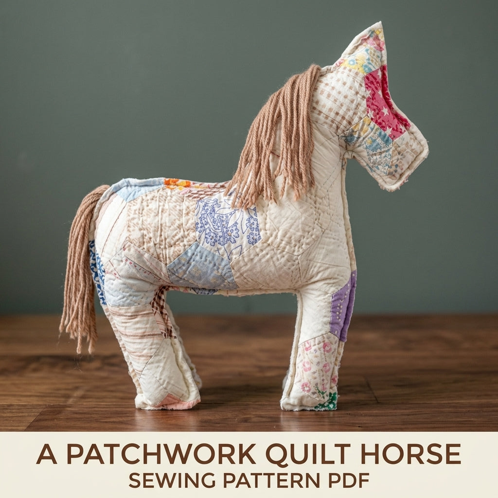 Patchwork Quilt Horse Sewing Pattern PDF – Stuffed Horse from Old Quilt Scraps
