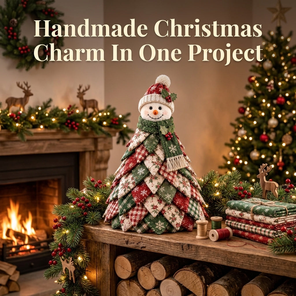 Folded Fabric Christmas Tree Sewing Pattern — Standing Snowman Cone Tree, No-Sew Petal Method, PDF Download