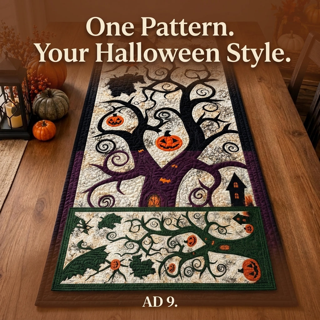 Halloween Table Runner PDF Quilt Pattern | Appliqué Spooky Tree with Jack-O'-Lanterns & Bats | Intermediate Quilting Project | Instant Download