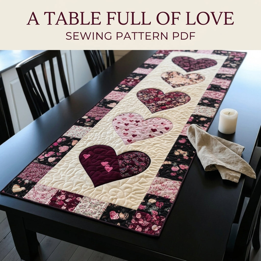 Heart  Appliqué Table Runner Sewing Pattern PDF – Valentine Appliqué Quilted Runner