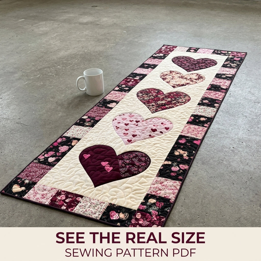 Heart  Appliqué Table Runner Sewing Pattern PDF – Valentine Appliqué Quilted Runner
