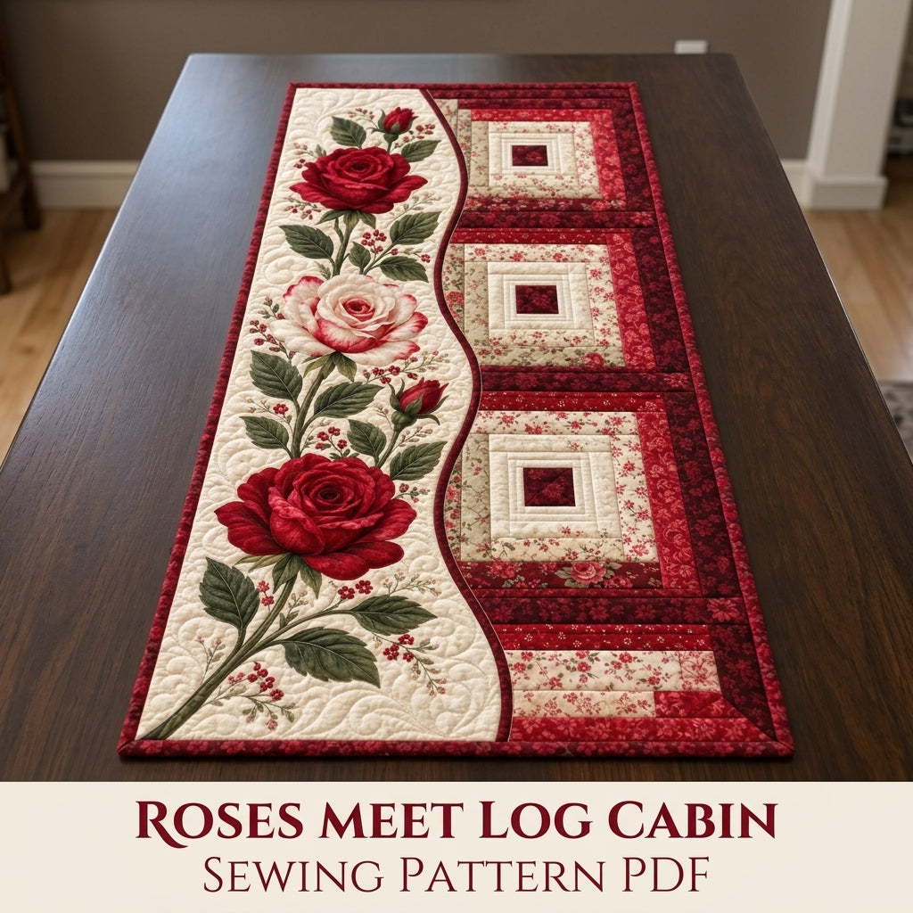 Rose Log Cabin Table Runner Sewing Pattern PDF – Appliqué Rose Quilted Runner