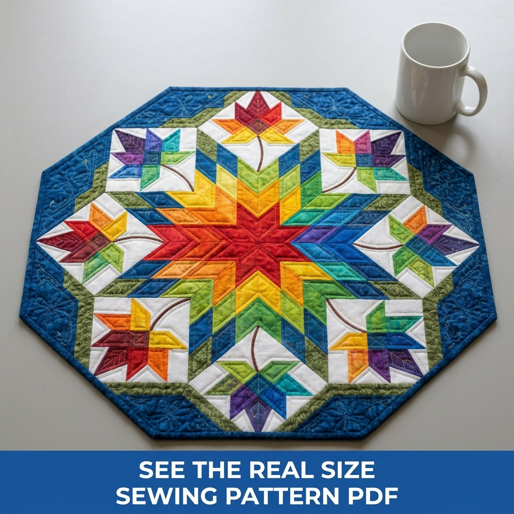 Rainbow Star Octagon Table Topper Sewing Pattern PDF – Lone Star Table Quilt