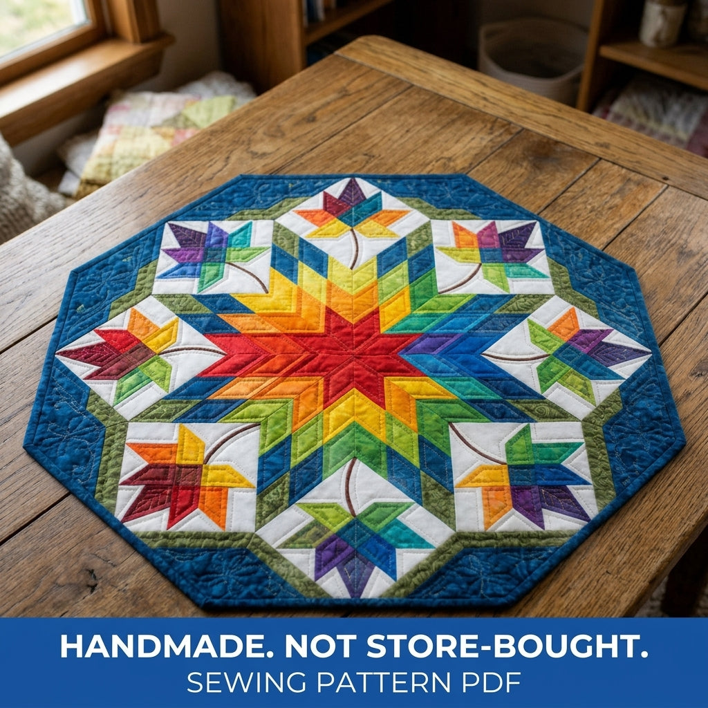 Rainbow Star Octagon Table Topper Sewing Pattern PDF – Lone Star Table Quilt