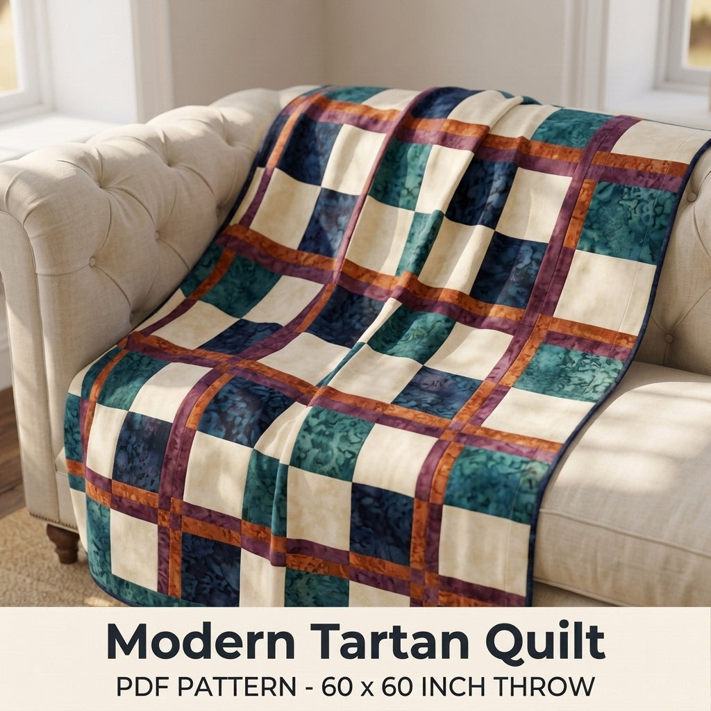 Modern Tartan Quilt Pattern PDF – Plaid Throw Quilt with Squares and Double Sashing