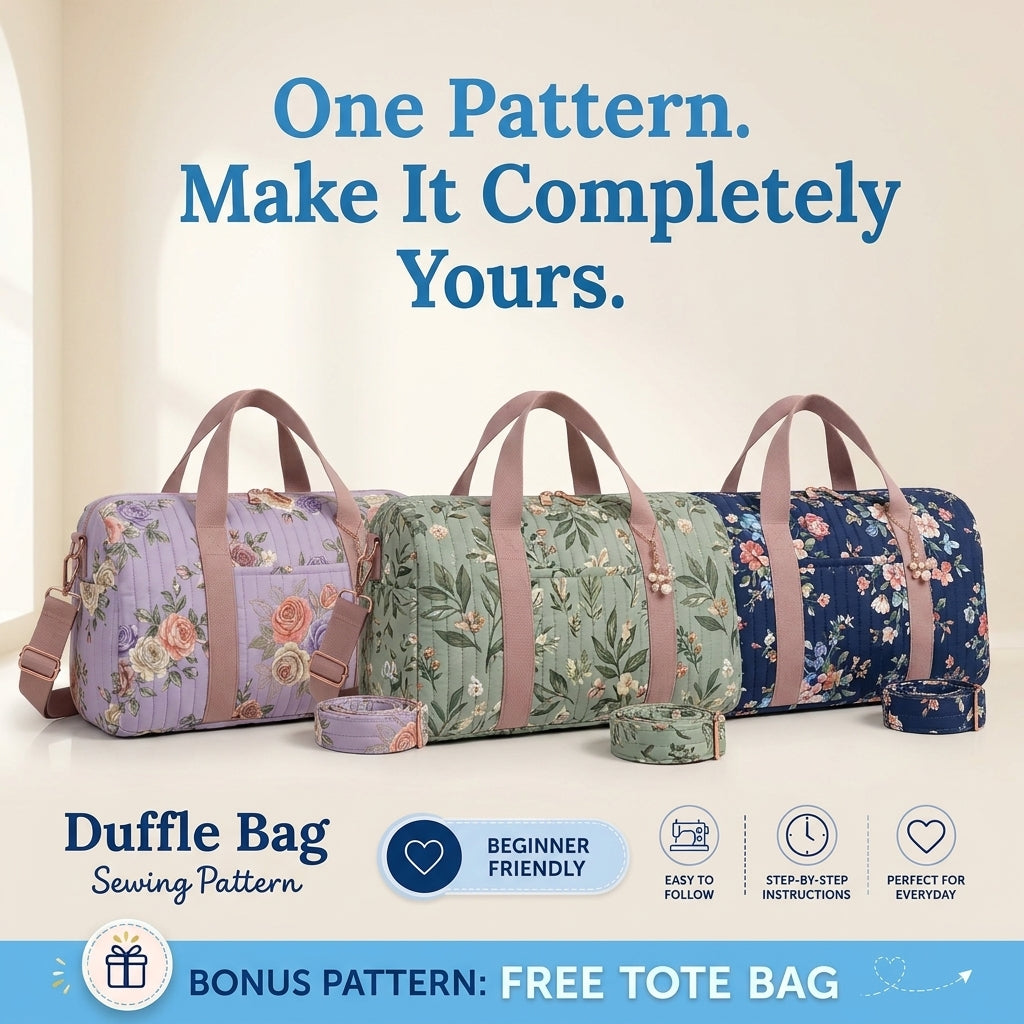 Quilted Duffle Bag Sewing Pattern — Weekender with Detachable Strap and Side Pockets, PDF Download
