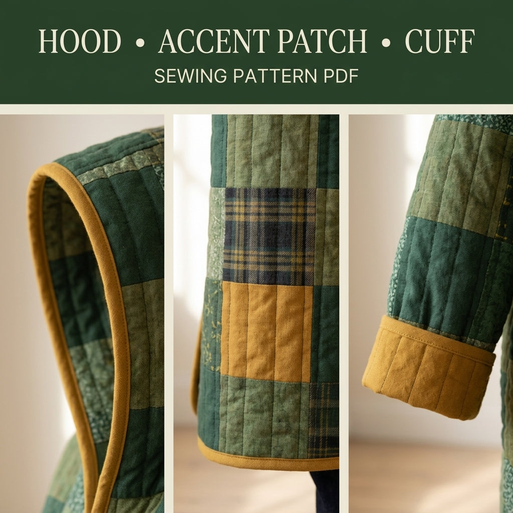 Hooded Quilted Duster Coat Sewing Pattern PDF – Knee-Length Patchwork Quilt Coat with Bias Binding
