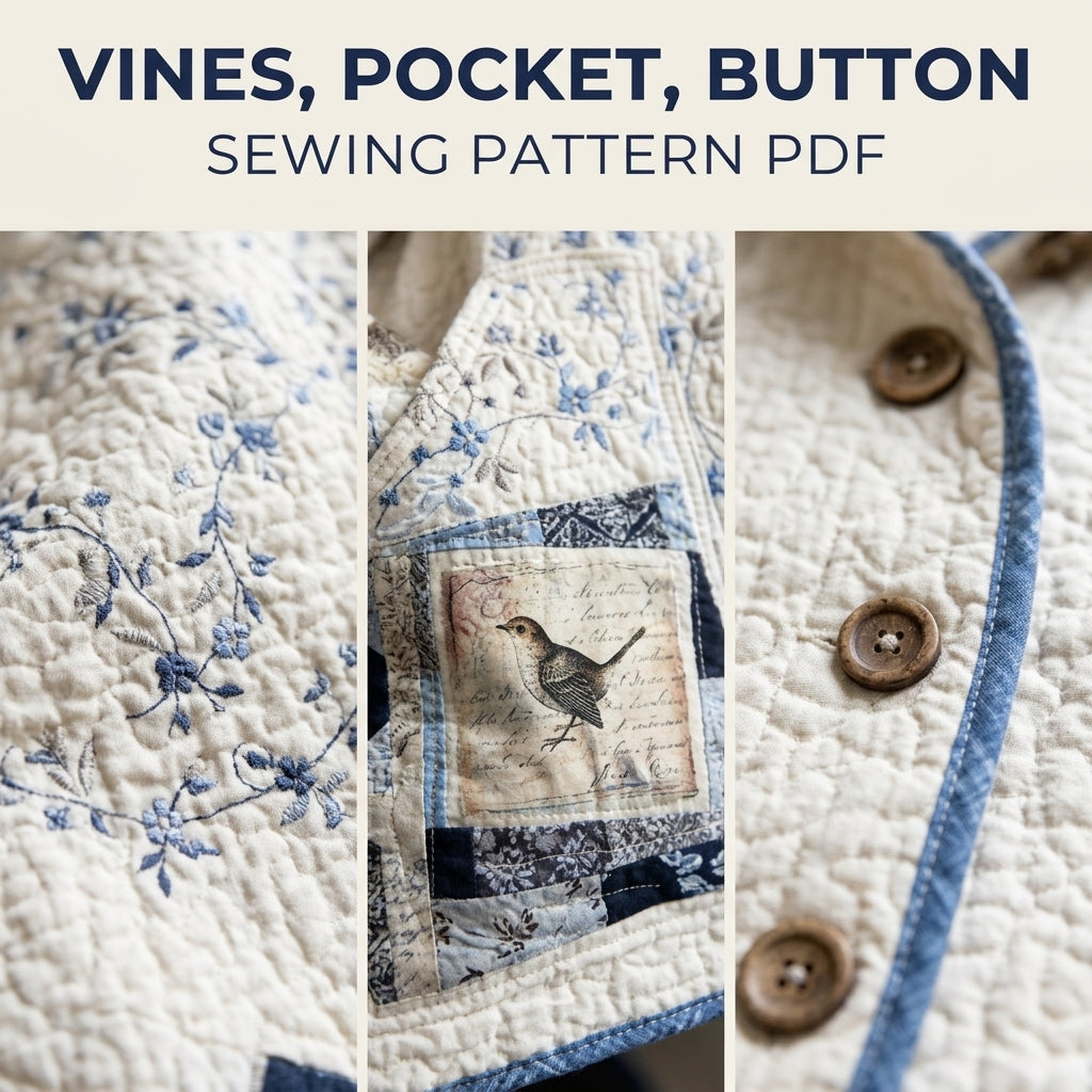 Blue Vine Patchwork Quilt Jacket Sewing Pattern PDF – Relaxed Quilted Jacket