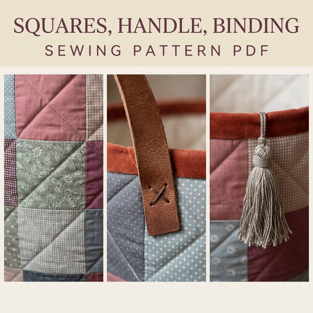 Patchwork Storage Basket Sewing Pattern PDF – Quilted Fabric Basket with Leather Handles