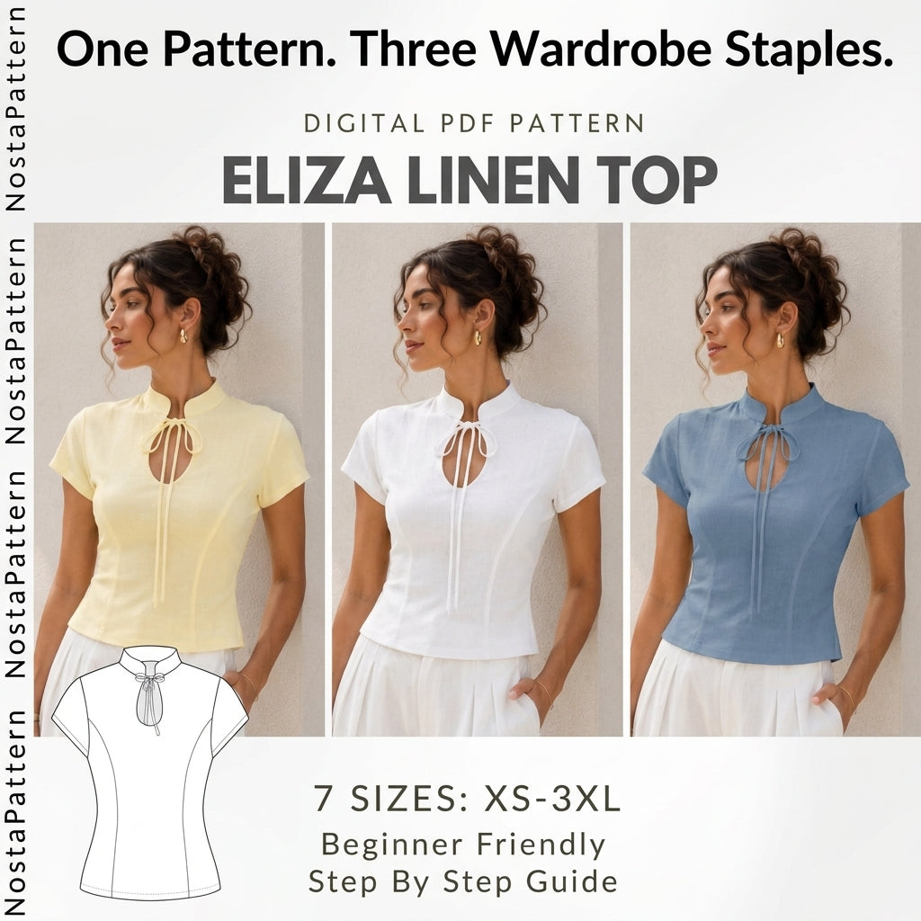 Fitted Top Sewing Pattern — Mandarin Collar Blouse with Keyhole Tie and Cap Sleeves, Sizes XS–3XL, A0 and A4 Layered PDF