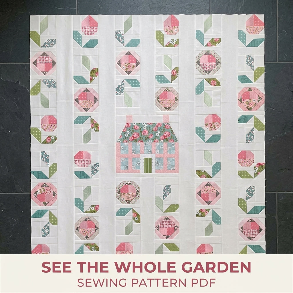 Cottage Garden Quilt Pattern PDF – Column Flower Quilt with Pieced House Block