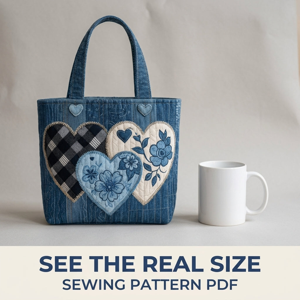 Denim Hearts Quilted Tote Sewing Pattern PDF – Upcycled Jeans Bag with Heart Appliqué