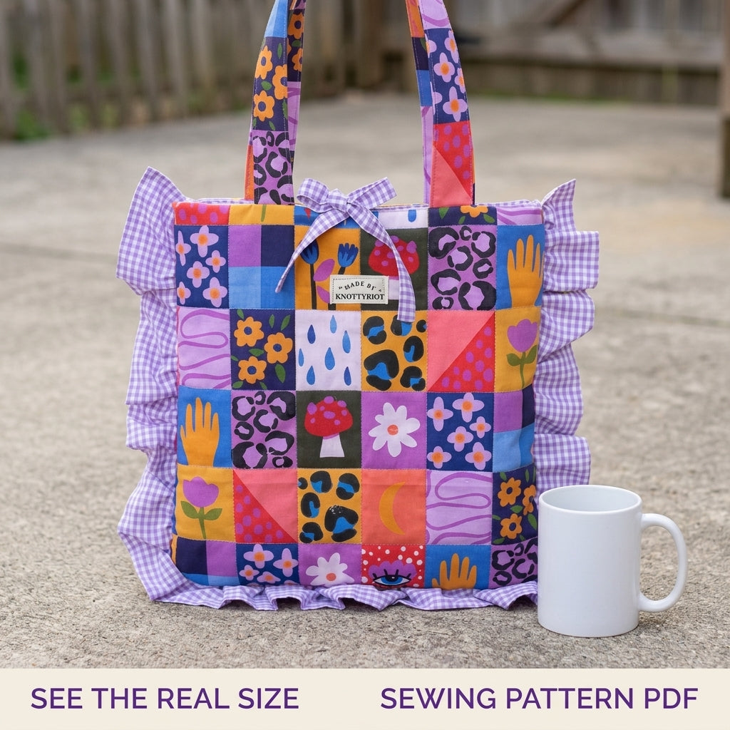 Ruffled Patchwork Print Tote Sewing Pattern PDF – Square Tote Bag with Gingham Ruffle