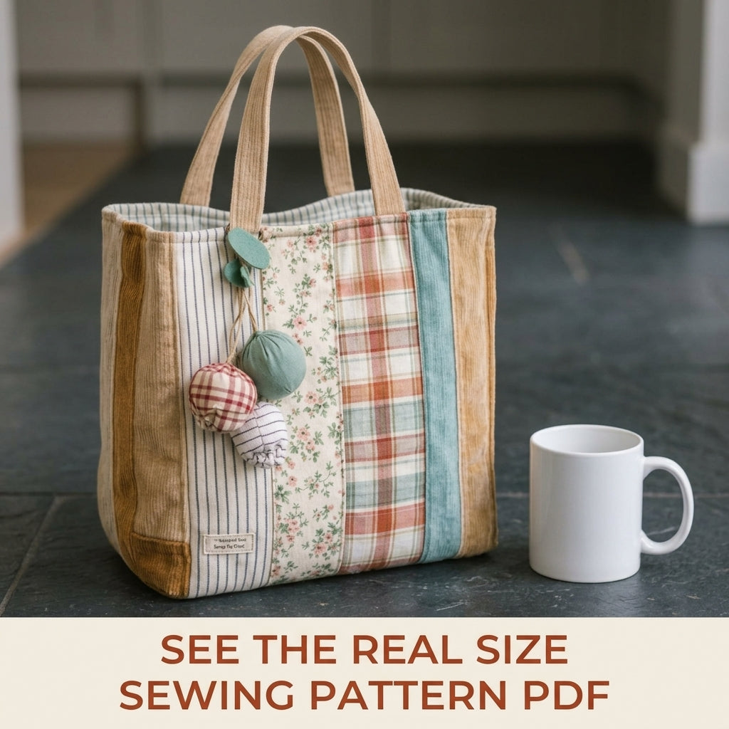 Corduroy Strip Patchwork Tote Sewing Pattern PDF – Easy Scrap Tote Bag