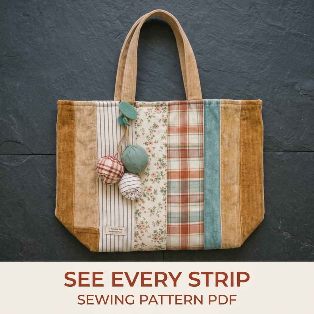 Corduroy Strip Patchwork Tote Sewing Pattern PDF – Easy Scrap Tote Bag