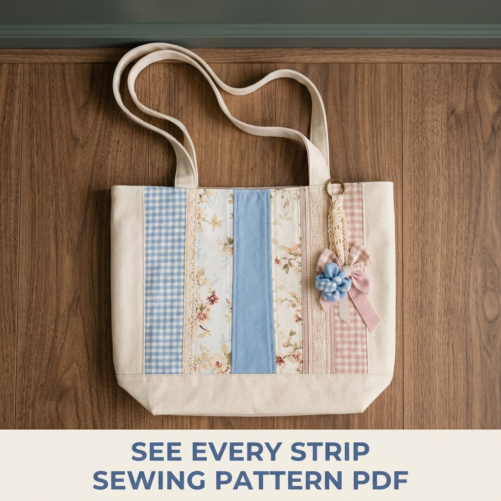 Lace Strip Patchwork Tote Sewing Pattern PDF – Cottage Tote with Gingham and Florals