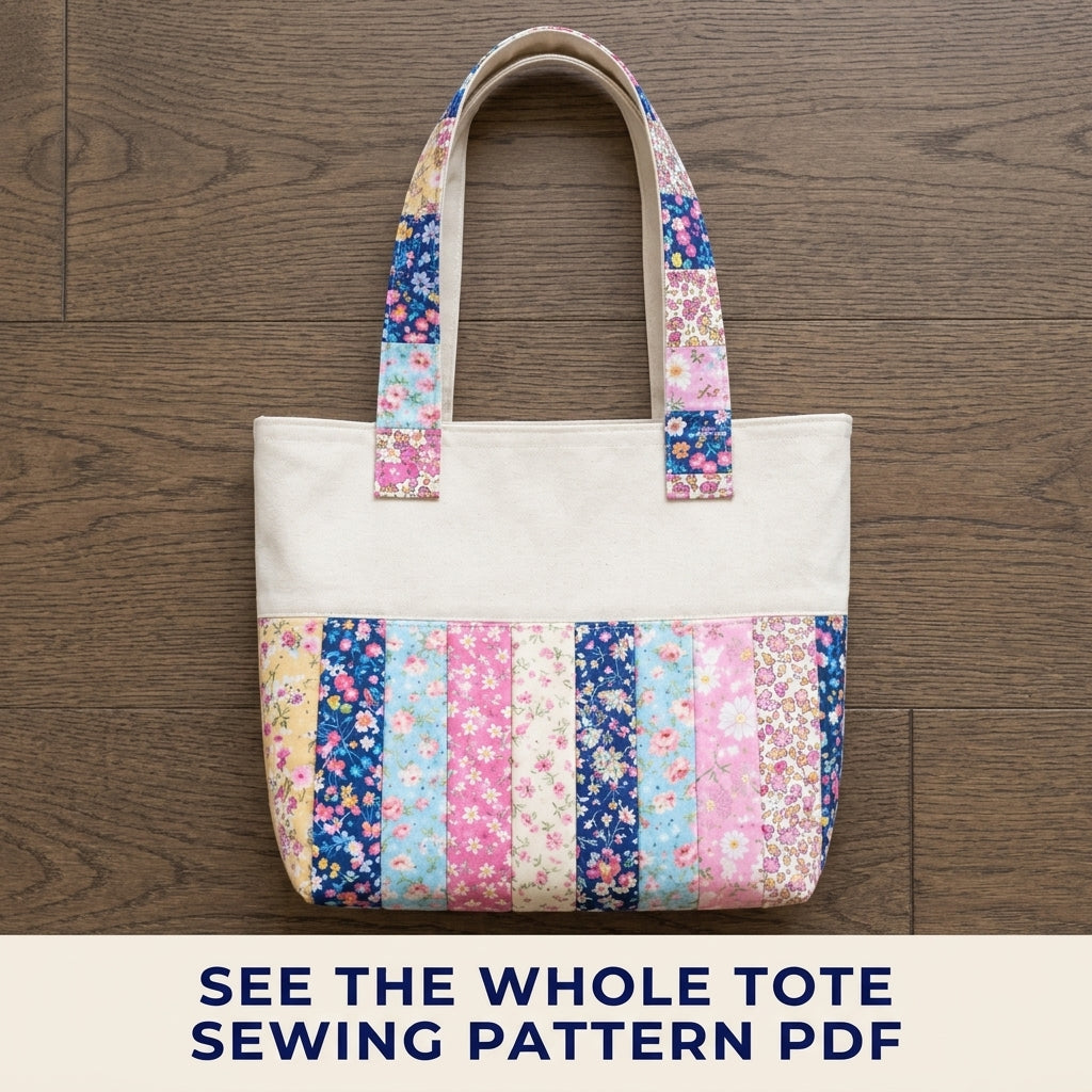 Floral Strip Linen Tote Sewing Pattern PDF – Scrappy Patchwork Tote Bag