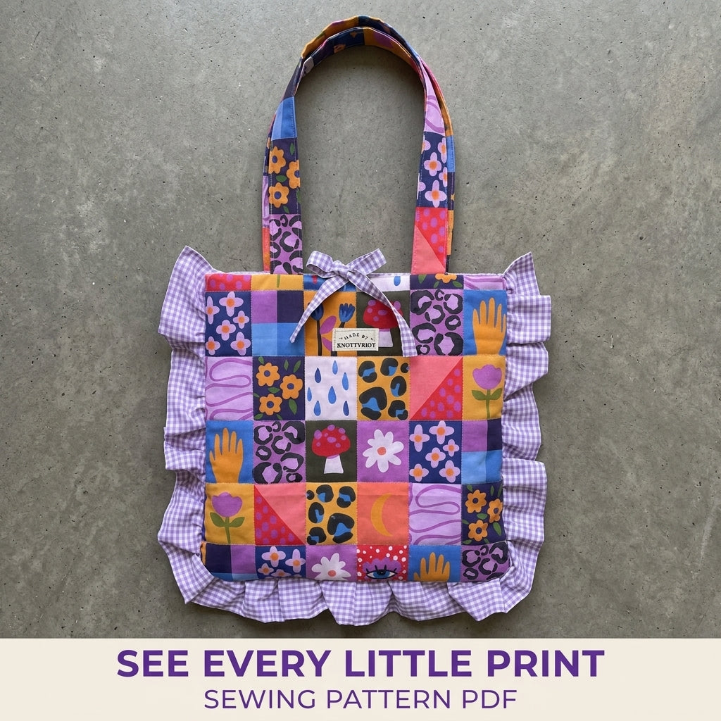 Ruffled Patchwork Print Tote Sewing Pattern PDF – Square Tote Bag with Gingham Ruffle
