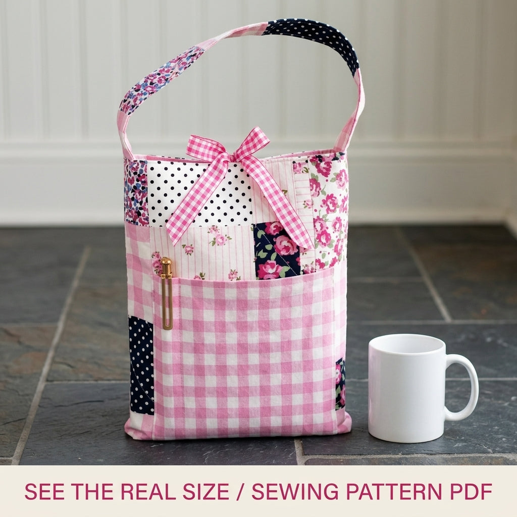 Pink Patchwork Pocket Tote Sewing Pattern PDF – Floral Tote with Gingham Pocket