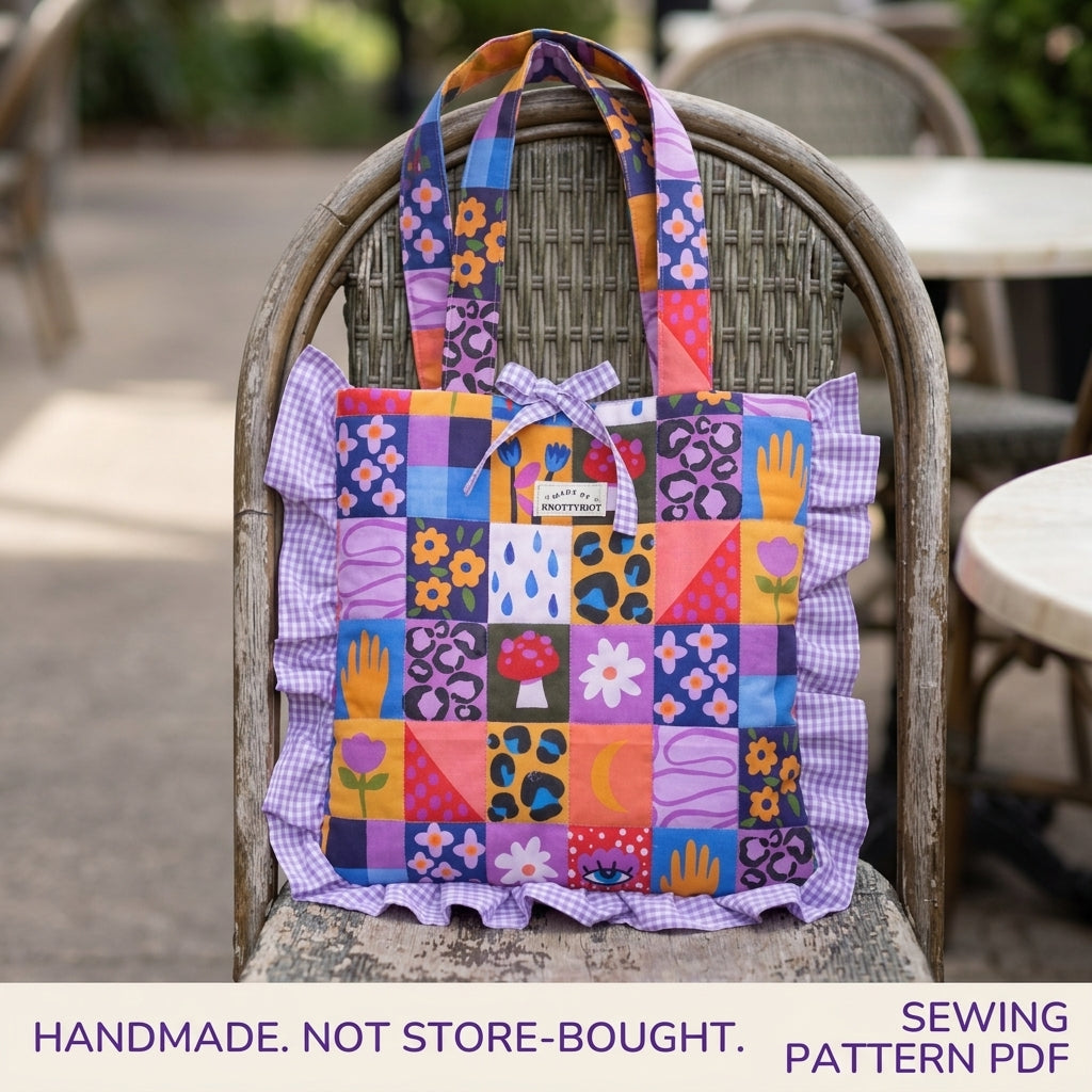 Ruffled Patchwork Print Tote Sewing Pattern PDF – Square Tote Bag with Gingham Ruffle