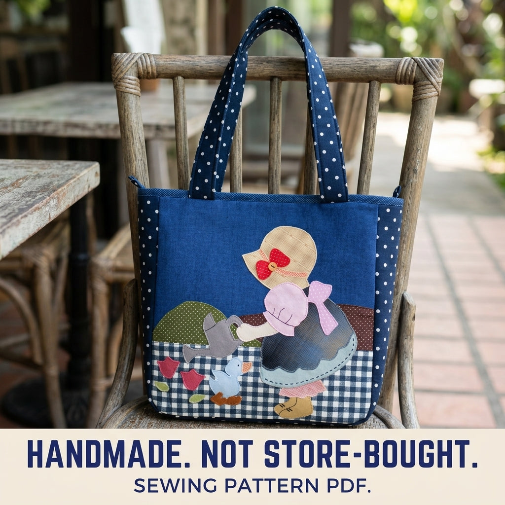 Sunbonnet Girl Appliqué Tote Sewing Pattern PDF – Zip Tote with Appliqué Scene