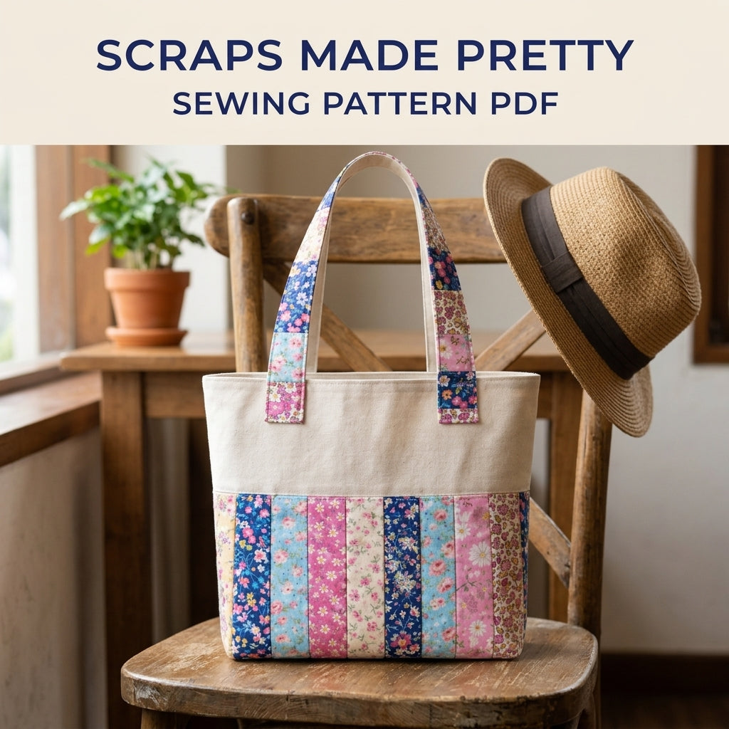 Floral Strip Linen Tote Sewing Pattern PDF – Scrappy Patchwork Tote Bag
