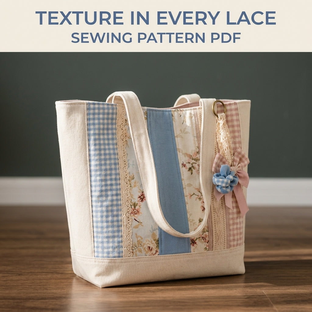 Lace Strip Patchwork Tote Sewing Pattern PDF – Cottage Tote with Gingham and Florals