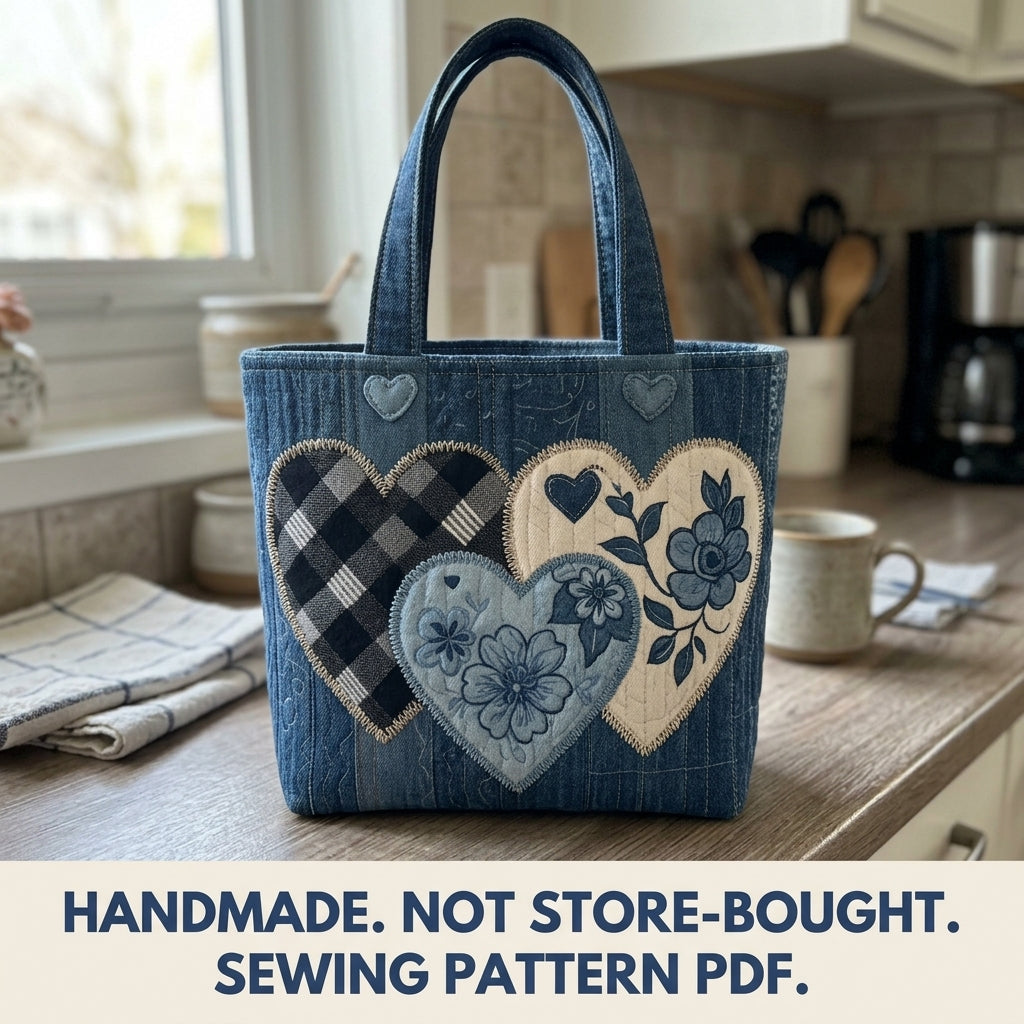 Denim Hearts Quilted Tote Sewing Pattern PDF – Upcycled Jeans Bag with Heart Appliqué