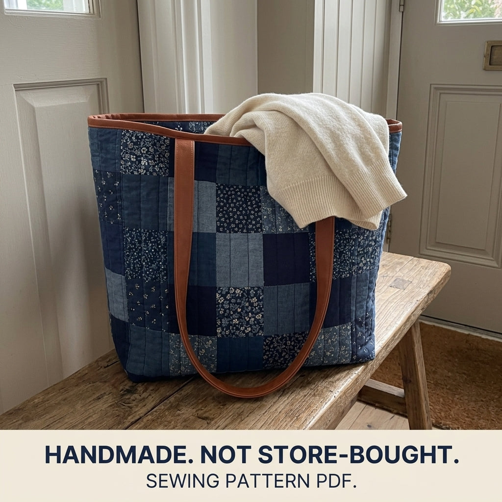 Quilted Tote Bag Sewing Pattern PDF – Patchwork Quilt Tote with Shoulder Straps
