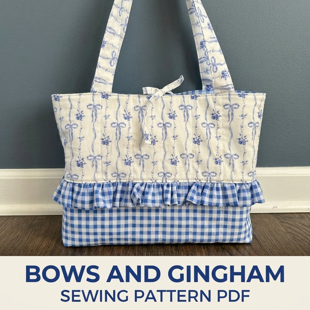 Bow Print Ruffle Tote Sewing Pattern PDF – Blue and White Gingham Bag