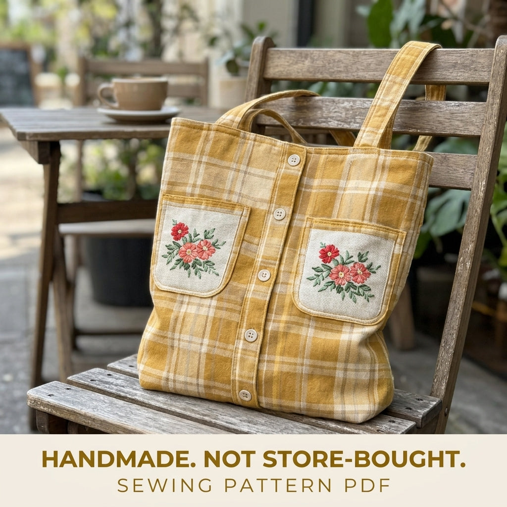 Mustard Shirt Tote Sewing Pattern PDF – Upcycled Shirt Bag with Embroidered Pockets