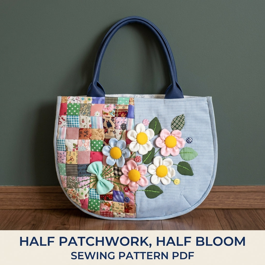 Half Patchwork Flower Tote Sewing Pattern PDF – Half Moon Bag with 3D Flowers